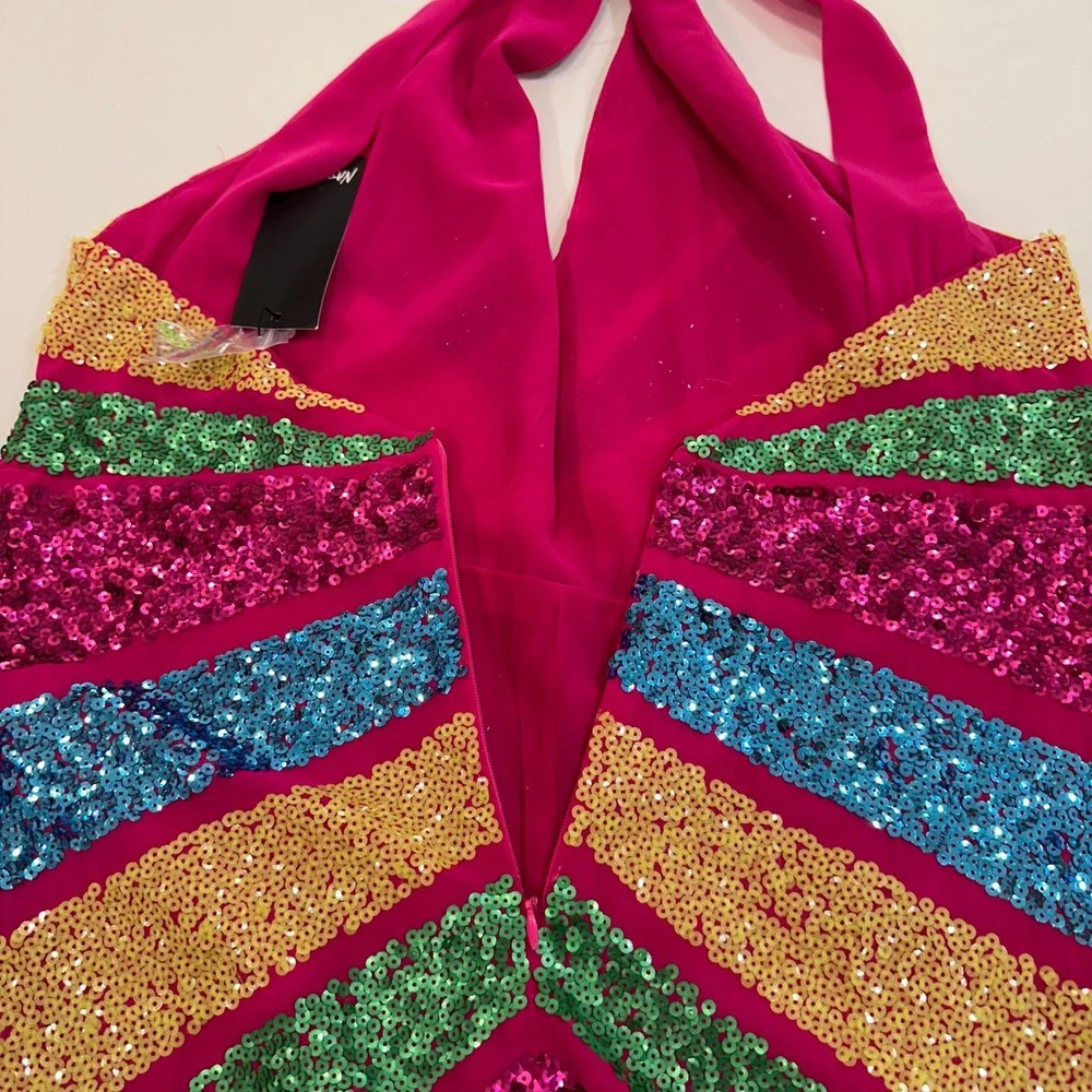 Nasty Gal Sequin Colour Block Halterneck Playsuit Women 10 Hot Pink | Festival - Picture 4 of 13